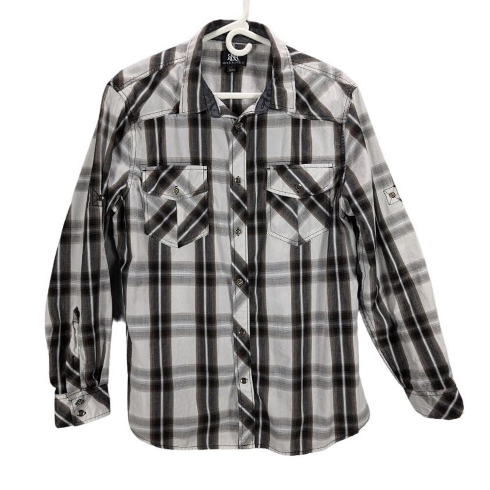 Rock & Republic Shirt Mens Large Button Up Brown White Plaid Long sleeve Western